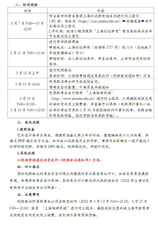 2022年上海杉達學院專升本優(yōu)秀生“視頻面試”公告